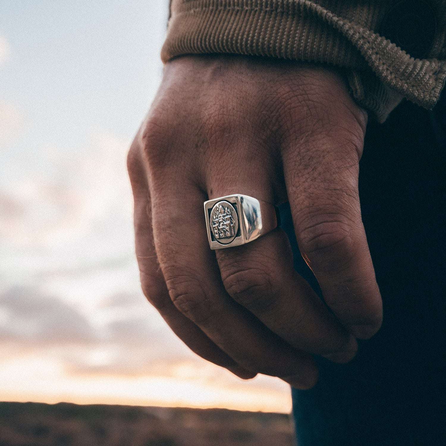 Hand wearing a silver ring with a sunset in the background