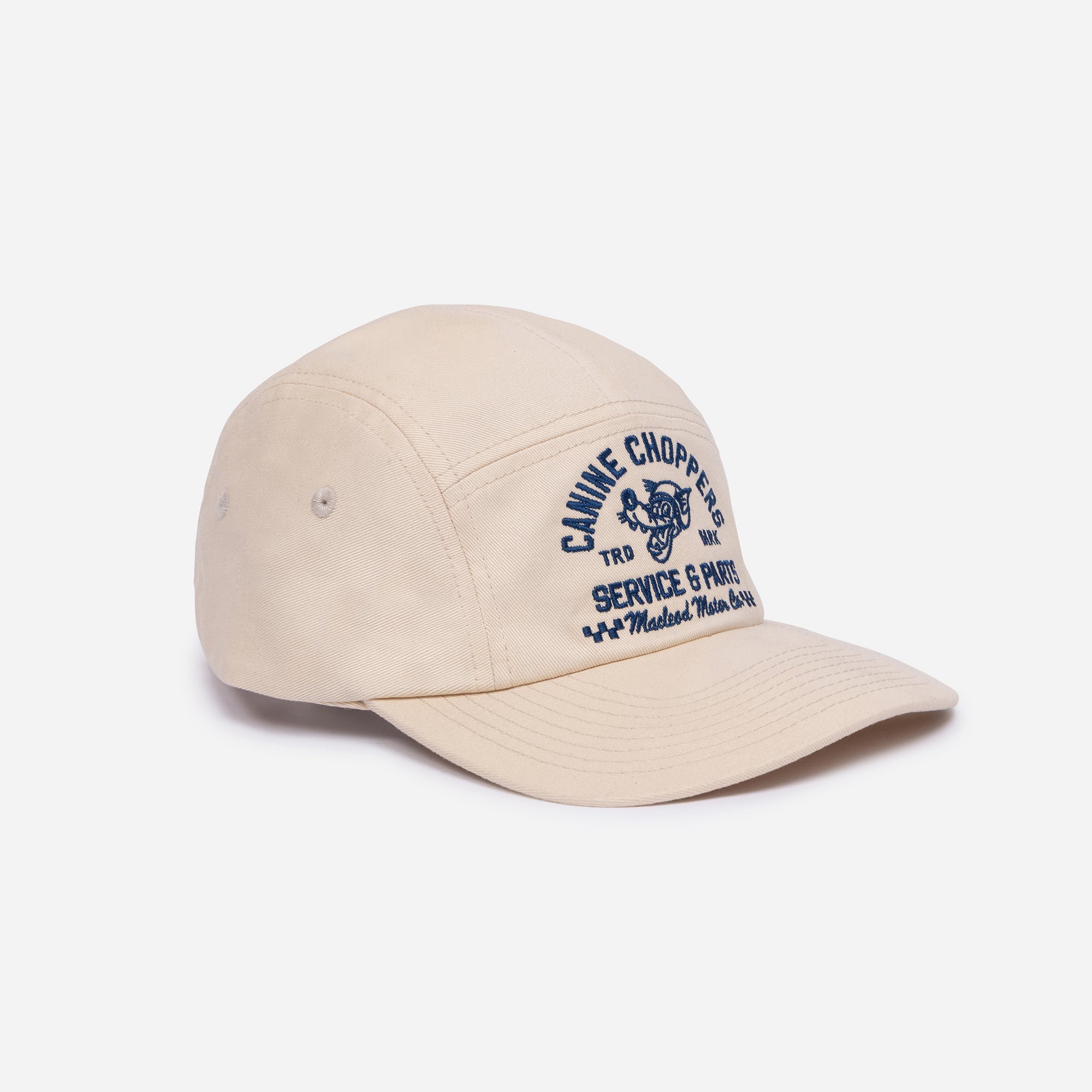 Beige cap with embroidered text and logo on a white background
