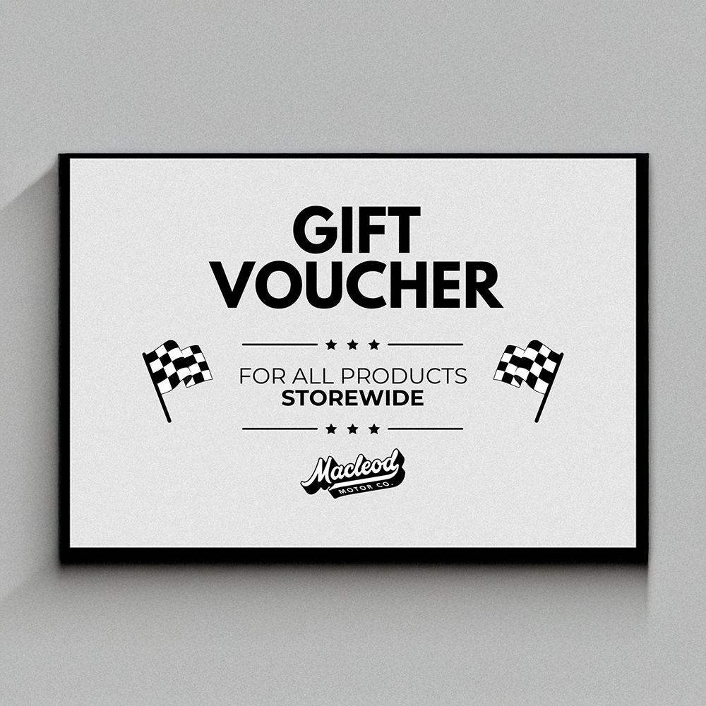 Gift voucher for all products storewide with checkered flags and a logo on a white background.